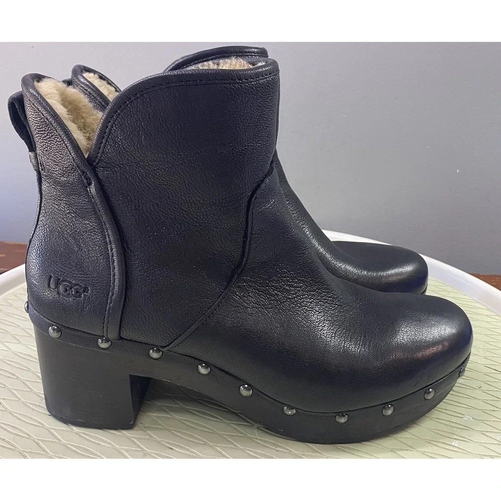 UGG Cam II Womens Black Leather Studded Ankle Riding Boots W/shearling Insoles 9